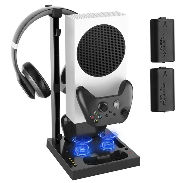 MVRPDXC Charger Stand with Cooling Fan for Xbox Series S Console and Controller,Vertical Dual Charging Station Dock Accessories with 1400mAh Rechargeable Battery Pack and Headphone Holder -