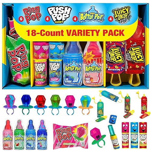 Bazooka Candy Brands Halloween Candy Variety Pack - 18 Ct Lollipops with Assorted Flavors From Ring Pop, Push Pop, Baby Bottle Pop & Juicy Drop - Halloween Candy Mix Gift Box For Parties & Goodie Bags - 18 Count Variety Box