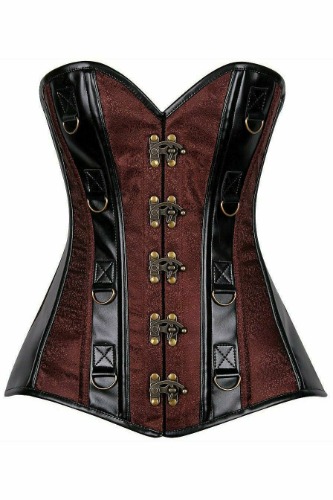 Top Drawer Brown Brocade & Faux Leather Steel Boned Corset - Small / As Shown