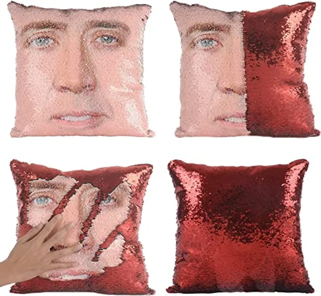 LydeLog Nicolas Cage Pillow Covers Sequin Pillow Cases Funny Gag Gifts Reversible Sequin Pillow Cover Decorative Throw Cushion Case 16 x 16 Inches (Red) - Red