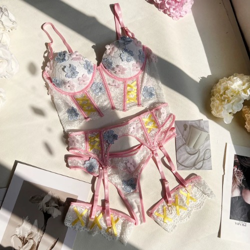 Fairy Floral Garter Lingerie Set - L / Pink