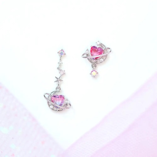 Dainty Heart Planet Earrings with Rhinestones and Gem Details - Silver
