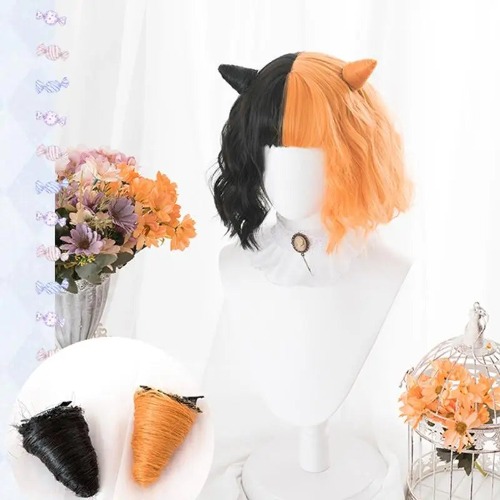 Orange and Black Two Tone Medium Length Lolita Wig in New Condition - Wig With Horns