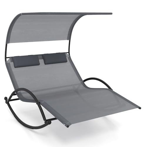 Tangkula 2 Person Lounge Chair with Canopy, Outdoor Chaise Lounge with 2 Detachable Pillows, Sturdy Metal Frame, Extra Large Double Patio Hammock Sunbed Swing for Backyard, Poolside (Gray) - Grey