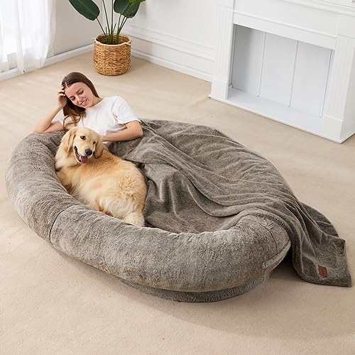 Homguava Large Human Dog Bed 72"x48"x10" Human-Sized Big Dog Bed for Adults&Pets Giant Beanbag Bed with Washable Fur Cover,Blanket and Strap(Large, Gradient Brown) - Brown