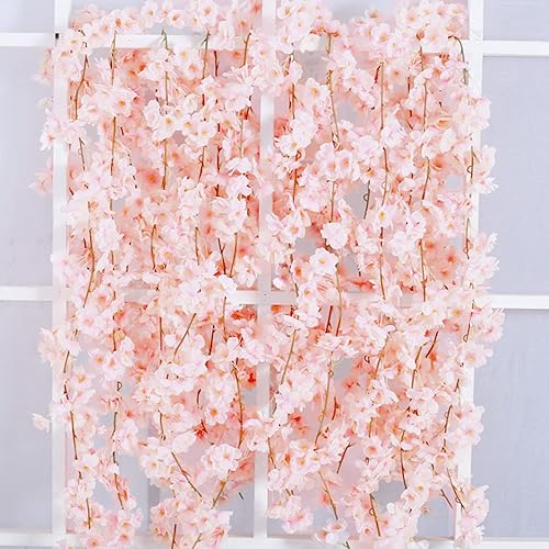 Comtelek 4pcs 23.6ft Artificial Cherry Blossom Flower Vines Fake Flower Garland Outdoors Hanging Silk Flowers Vines for Home Decor Pink Room Decor Wedding Party Japanese Kawaii Decor - 4 Pack