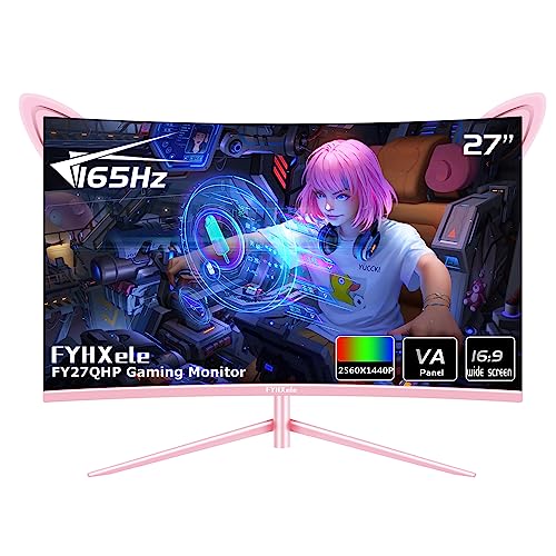 FYHXele FY27FHP Pink Monitor 27 Inch Curved Gaming 165Hz - Support 144Hz 1800R 1ms QHD 12560 x 1440P VA Screen, Built-in Speakers, AMD Free-Sync, HDMI, DP, USB, AUX, Tilt Adjustable - 27-2K-165hz
