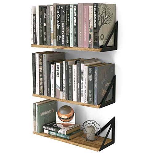 Wallniture Minori Floating Shelves Set of 3, Small Bookshelf Unit for Living Room, Office, and Bedroom, Natural Burned Rustic Wood Wall Decor with Metal Floating Shelf Bracket 6D x 17W x 5.5H in - Natural Burned