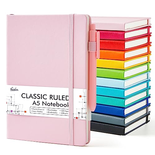 feela Notebooks Journals Bulk, Hardcover Notebook Classic Ruled Journal Set with Pen Holder for School Business Work Travel Writing, with 12 Black Pens, 120 GSM, 5.1”x8.3”, 12 Pack, A5, Solid Colors - 12 Solid Colors