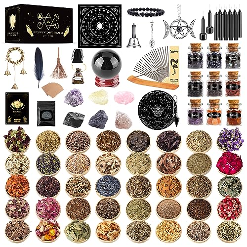 Witchcraft Supplies Kit for Witch Spells, SHYSHINY 127 Pack Wiccan Supplies and Tools Box for Protection, Crystals, Dried Herb, Spell Candles, Amulet, Obsidian Crystal Ball, Beginner Witch Starter Kit - Black 127 Pack