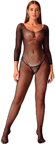 Bommi Fairy Women’s Sexy Fishnet Bodystockings Rhinestone Long Sleeve Lingerie Crotchless Bodycon Stretchy Tights Basic Underwear One Size - Black