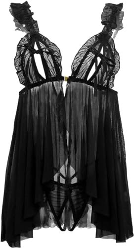 HOTSO Women Babydoll Lingerie Lace Sleepwear Nightwear Set, Women Sexy Naughty Lace Negligees Adjustable Strap Mesh Chemise Backless Translucent Nightdress - One Size - Black