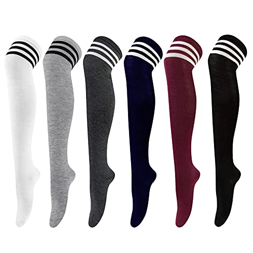 6 Pairs Knee High Sock Women Over Knee Thigh Socks for Girls Ladies Long Boot Stocking Leg Warmer High Socks Casual for Daily Wear, Cosplay - M-L - White,gray, Navy Blue, Wine Red, Black