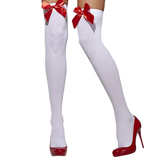 Smiffys Opaque Hold-Ups, White with Red Bows, Fever Hosiery Fancy Dress, Fever Dress Up Accessories - White