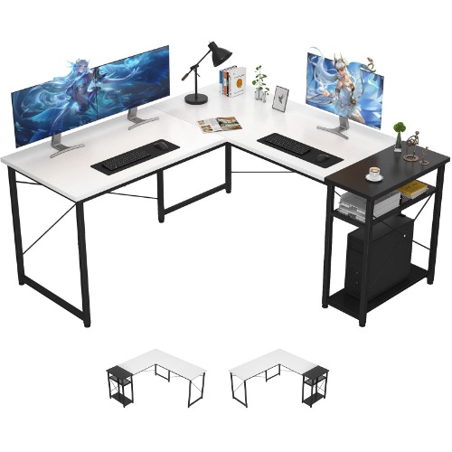 Ecoprsio L-Shaped Desk Large L Shaped Gaming Desk with Storage Shelves White Corner Desk Writing Study Table for Home Office Gaming Workstation, White and Black - L Desk White and Black