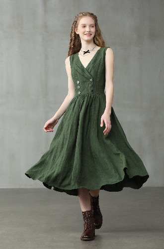 Wild Garden 11 | Double Breasted Linen Dress | green / S