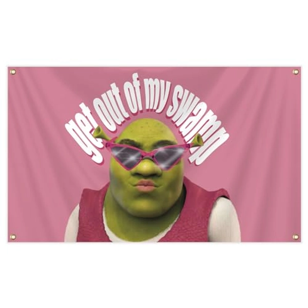 Get Out Of My Swamp Funny Flags for College Dorm, 3x5 Ft Sh-rek Flag with Brass Grommets for Room Decor, Wall Handing Pink Tapestry for Bedroom Living Room