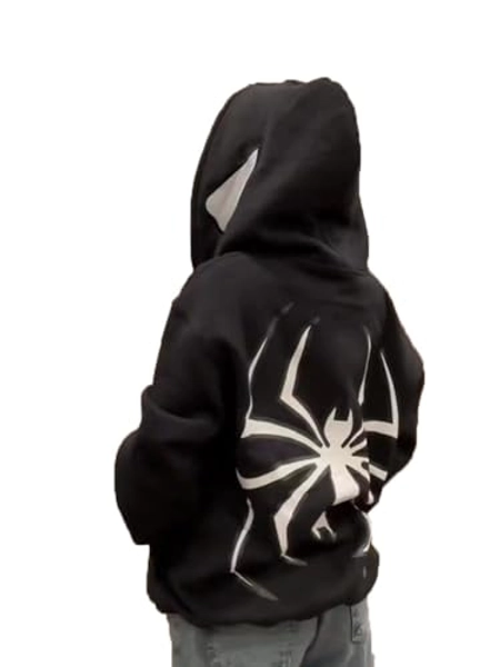 Crancious Y2K Spider Print Oversized Hoodie - Unisex Gothic Harajuku Sweatshirt with Spider Zipper Design