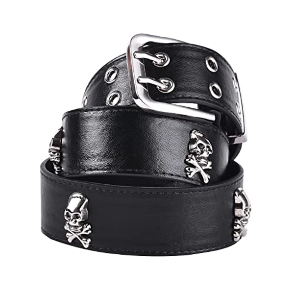 QOCAOFIG Double Grommet Pirate Skull Belt for Men, Double Prong Vintage Goth Punk Belts, Halloween Medieval Renaissance Belt