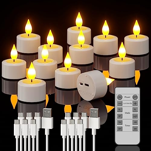 PChero Rechargeable Tea Lights with Remote Timer, 12 Packs Flickering Flameless LED Tealights Candles with 2 USB Charging Cables & Remote for Wedding Xmas Halloween Home Decor - Remote Control