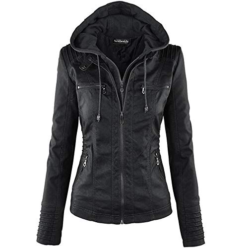 Newbestyle Women Hooded Faux Leather Zipper Motorcyle Jacket - Black - X-Small