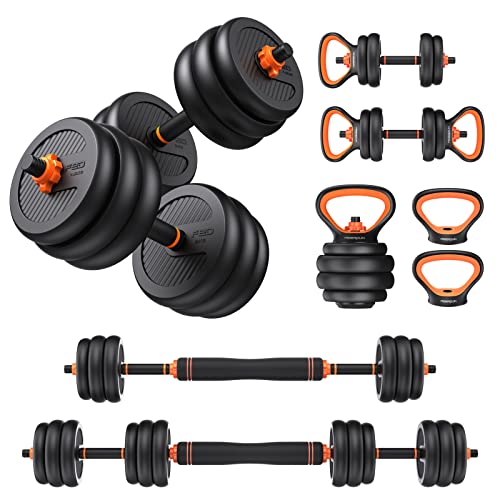 FEIERDUN Adjustable Dumbbells, 30/40/50/90lbs Free Weight Set with Connector, 4 in1 Dumbbells Set Used as Barbell, Kettlebells, Push up Stand, Fitness Exercises for Home Gym Suitable Men/Women - 90lbs