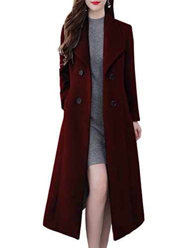 ebossy Women's Shawl Collar Double Breasted Below Knee Slim Wool Trench Long Coat - X-Small - Wine Red