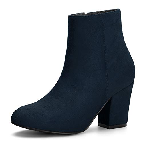 Allegra K Women's Side Zip Chunky Heel Navy Blue Ankle Boots 8 M US - 8 - Navy Blue