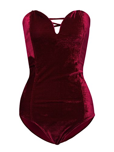 Clothink Women Burgundy Bandeau Back Lace Up Velvet Bodysuit - Small - burgundy
