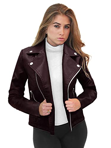 Olivia Miller Womens Faux Leather Moto Biker Jacket with pockets - Small - JK5208-BURGUNDY
