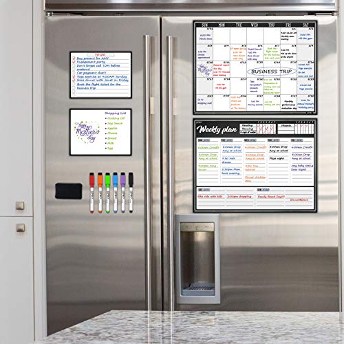Magnetic Whiteboard Weekly Planner and Monthly Planner for Fridge Combo Set - Bonus Magnetic Grocery/to Do/Shopping List and Notepad Whiteboard Inlcuded - Weekly+Monthly