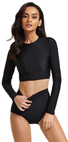 FEOYA Women Long Sleeve Swimsuit UV Sun Protection Rash Guard Two Piece Surfing Swim Bathing Suit - B-9 - Small