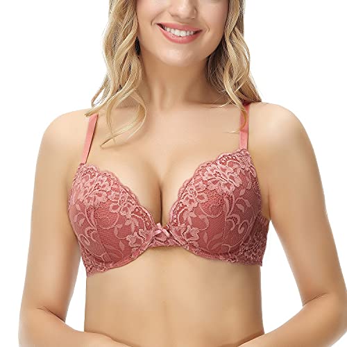 Deyllo Women’s Push Up Lace Bra Comfort Padded Underwire Bra Lift Up Add One Cup - Withered Rose - 32D