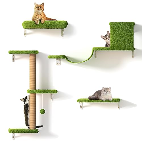 FUKUMARU Cat Wall Shelves, Stable & Safe 4 in 1 Large Cat Wall Furniture Set, Wooden Cat Climbing Wall with Scratching Post, Cat Bridge and Cat Bed, Stylish Cat Jungle Gym for 16 Inch Drywall - Green - Green