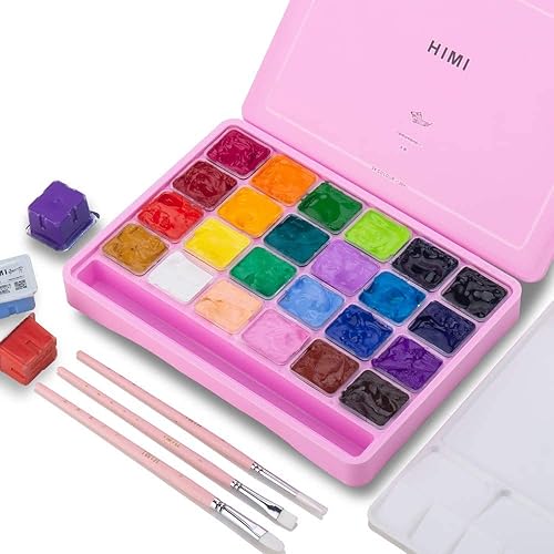 HIMI Gouache Paint Set, 24 Colours x 30ml with 3 Brushes & a Palette, Unique Jelly Cup Design, Non-Toxic, Guache Paint for Canvas Watercolour Paper - Perfect for Beginners, Students, Artists(Pink) - pink