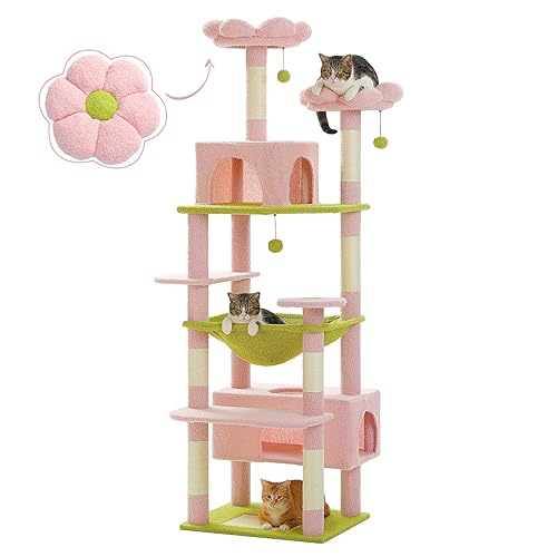 PAWZ Road Large Cat Tree, 184cm Cat Tower for Large Cats, Cat Condo with Sisal-Covered Scratching Posts and Pads, 2 Padded Perch, Dual Condo and Basket for Indoor Cats-Pink - L - Pink