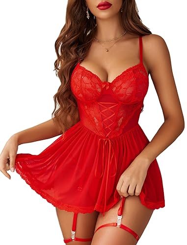 Avidlove Lingerie for Women Sexy Lace Babydoll Mesh Chemise Boudoir Nighty with Garter Belt - Large - Red