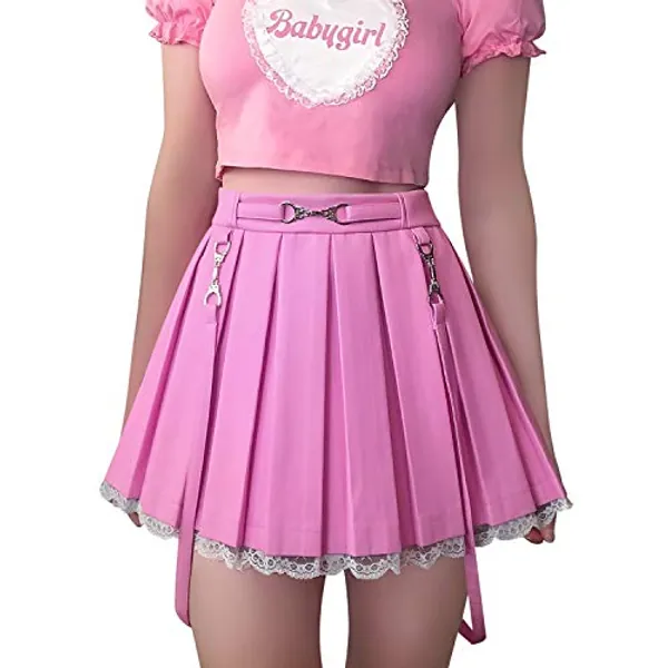 LittleForBig Damen A-Linie Plissee Faltenrock PU Kunstleder Glockenrock Lässig Spitzenverzierung Minirock - Unruhestifter Rosa XXXL