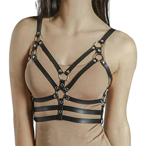 BDSMYOU Punk Harness Damen Leder Body Brust Harness mit Dreifacher Taille Fesseln,Einstellbar Gothic Kleidung Damen Bondage Geschirre,Sexy Dessous Damen für Sex Fetisch,BDSM Spielzeug für Sex
