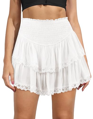MIYIEONZ Women's Cute High Waist Ruffle Mini Skirt Layered Ruffle Hem Flared Flowy Casual Swing Beach Mini Short Skirt - Medium - White-lace Hem
