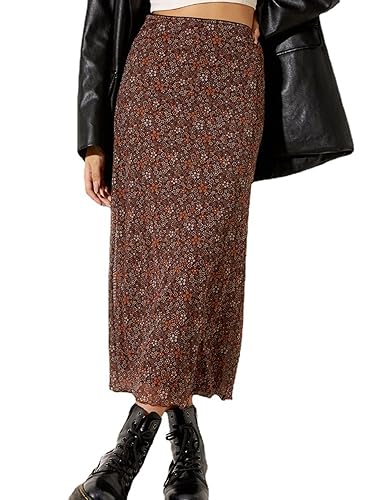 Avanova Women Ditsy Floral Bohemian Mesh Midi Skirt Elastic High Waisted Flowy Summer Long Skirt - Large - A Brown