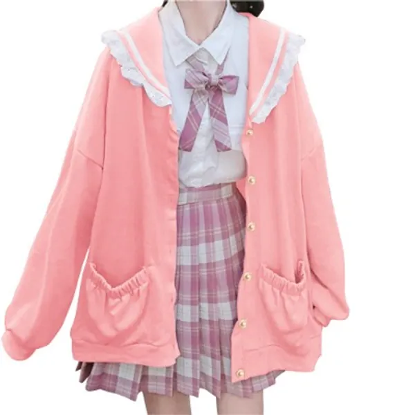 BZB Women's Kawaii Harajuku Japanese Lace Coat Jacket For Girls Lolita Sailor Collar Hooded Sweet Sweater Sweatshirt Cardigan