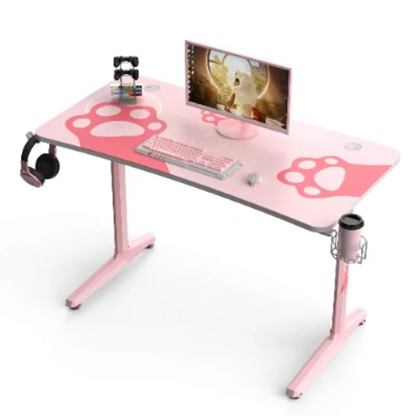 It's_Organized Pink Gaming Computer Desk,47 inch Home Study Writing Desk,Sturdy T-Shaped with Cup Holder Headphone Hook Controller Stand,Study Gaming Tables Gift for Girl