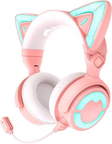 YOWU RGB Cat Ear Headphone 4, Upgraded Wireless & Wired Gaming Headset with Attachable HD Microphone -Active Noise Reduction, Dual-Channel Stereo & Customizable Lighting and Effect via APP (Pink) - Pink