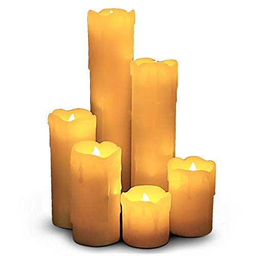 LED Lytes Timer Candles Set of 6, 2" Wide, 2"- 9" Tall, Dripping Wax Affect and Amber Flame, LED Halloween Candles Flickering, Wax Candles for Spooky Home Decor and Vintage Halloween Decor Sets - Dripping Ivory Wax with Amber Flame
