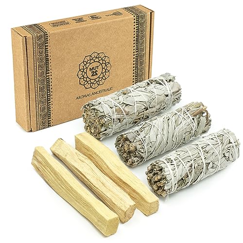 MUT22 3 Salvia Blanca y 3 Palo Santo Sagrada para Quemar - Hierba de Purificación y Armonía: Salvia Apiana 100% Natural, Ideal para Limpieza Espiritual y Rituales Energéticos - 3 Salvia Blanca + 3 Palo Santo