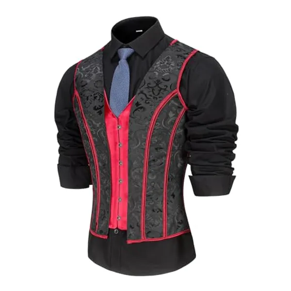 HUAMYTH Mens Corset Vest Lace Up Shaping Tops Bones Vintage Dress Waistcoat Print Formal Slimm Fit Wedding Stage - Medium - Blackprint Mixed Red