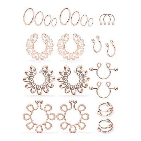 
                            SCERRING Fake Nipple Ring Stainless Steel Non-Piercing Nipple Rings Clip On Nipplerings Faux Body Piercing Jewelry for Women Men 11 Pairs
                        