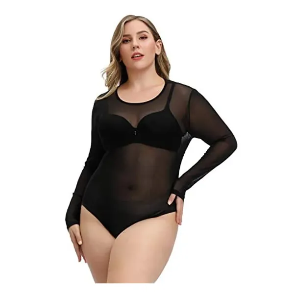 
                            Hanna Nikole Women's Plus Size See Through Bodysuit Sheer Long Sleeve Jumpsuit
                        