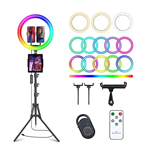 
                            13" Selfie Ring Light with 63" Tripod Stand & 3 Phone Holder, LED Camera Ringlight with 48 RGB Colors Modes & Musical Rhythm Mode and 12 Brightness Dimmable for Makeup/Photography/Videos/Vlog/TikTok
                        